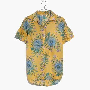 Madewell Ruffle-Sleeve Button-Down Shirt in Painted Blooms Yellow